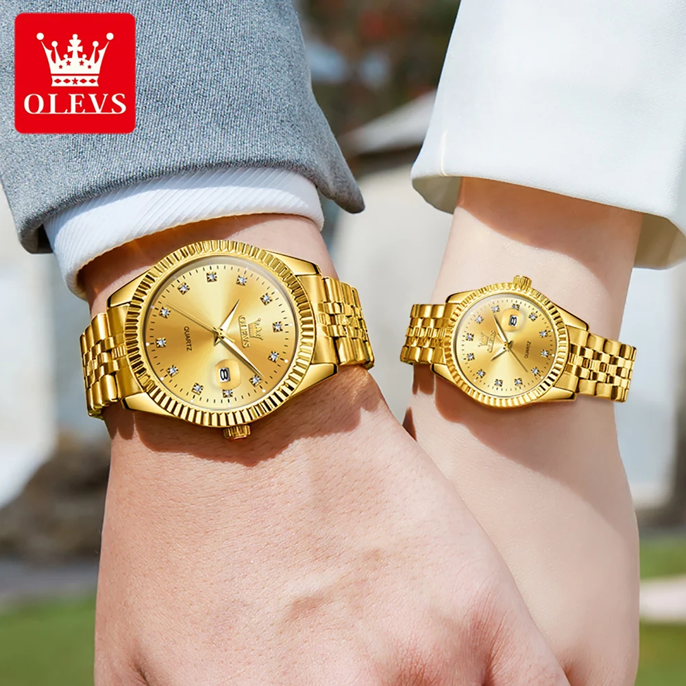 OLEVS Fashion Gold Couple Watch For Men Women Top Brand Luxury Waterproof Calendar Quartz Watches Luminous Lovers Wristwatches