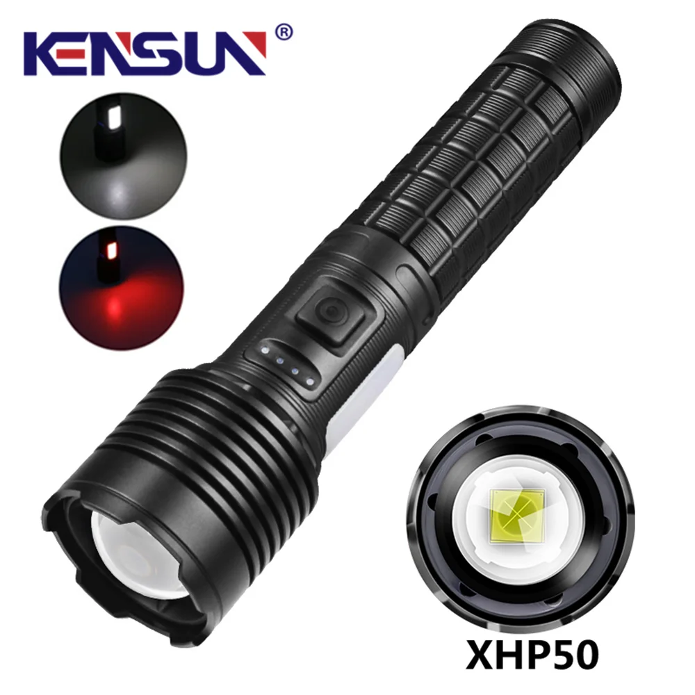 

High Power XHP50+10*LED side light Flashlight Zoom Type Stepless Dimming Tactical Torch For Camping