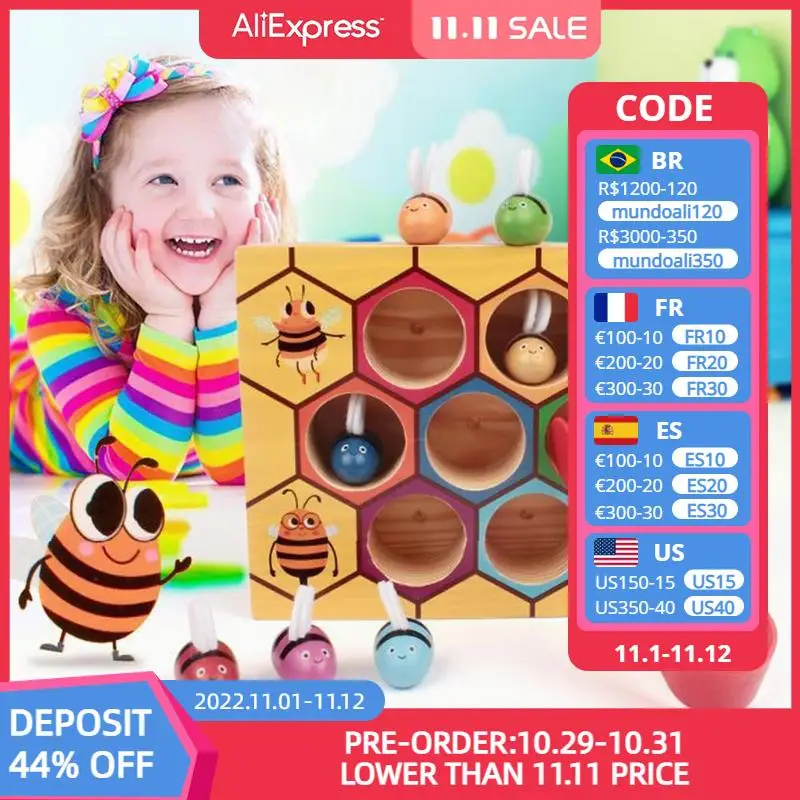 

Wooden Beehive Game Childhood Color Cognitive Small Game Parent-child Early Educational Bee Interactive Toys Toy U6L2