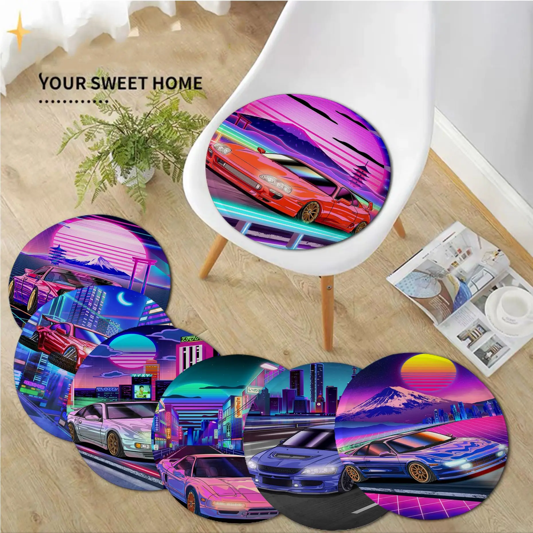 

Street Car Racing 80S Synthwave Neon Round Plush Cushion Home Back Cushion Soft Comfortable 50x50cm Buttocks Pad