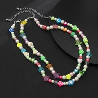 2pcsset y2k jewelry men acrylic rainbow seed bead choker necklace layered imitation pearl necklaces star flowers charms collar
