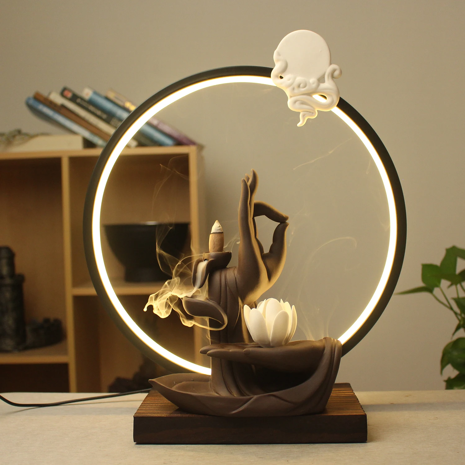 

Флюоресцентная горелка с фотолампой, круглая керамическая ручка Будды дзен сада и Лотос, подставка для благовоний с орнаментом