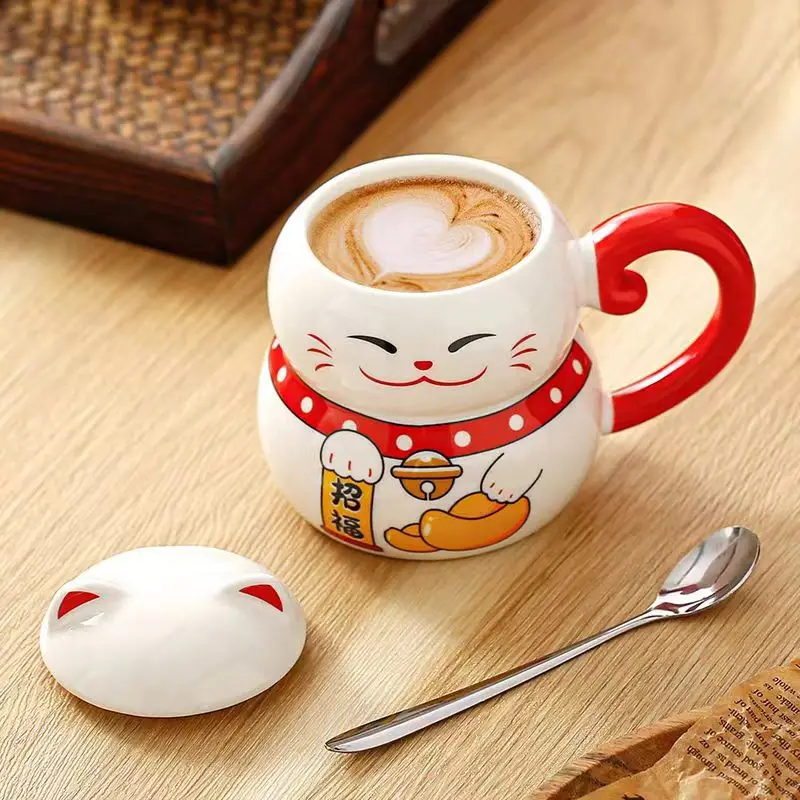 Фото Керамическая кофейная кружка Lucky Cat с крышкой для кошки, креативный милый мультяшный милый подарок для завтрака, бутылка для воды, офисная посуда для питья, посуда для напитков №2