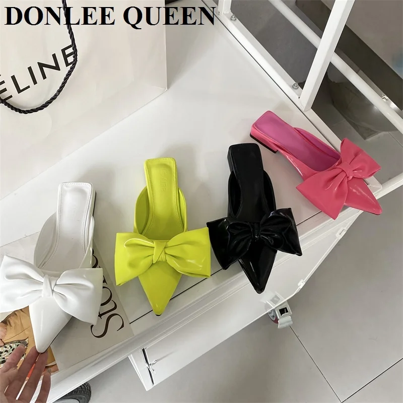 

Donlee Queen Spring Big Butterfly-knot Women Slippers Close Toe Sandals Shallow Pointed Toe Mules Flat Slides Ladies Shoes Mujer