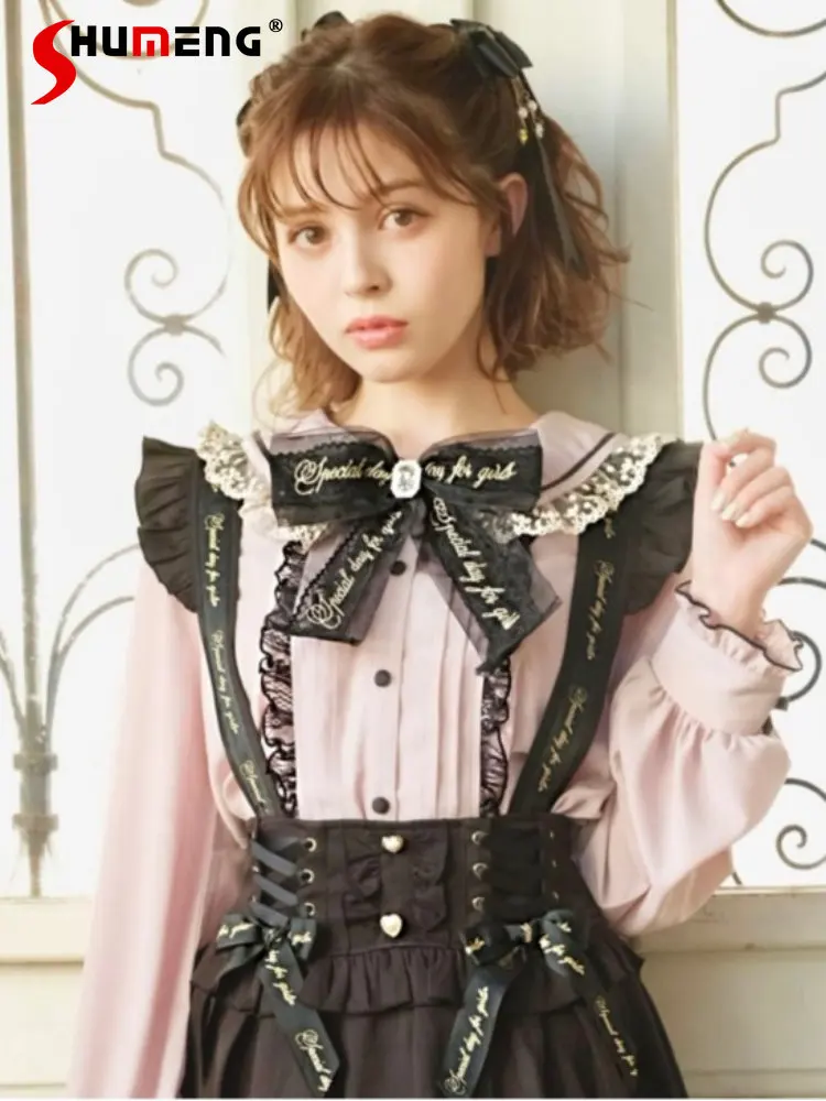 Lolita Clothes Girls Sweet Letter Suspender Matching Bow Lace Pleated Blouse and Tops 2023 Spring Cute Woman Long Sleeve Shirts