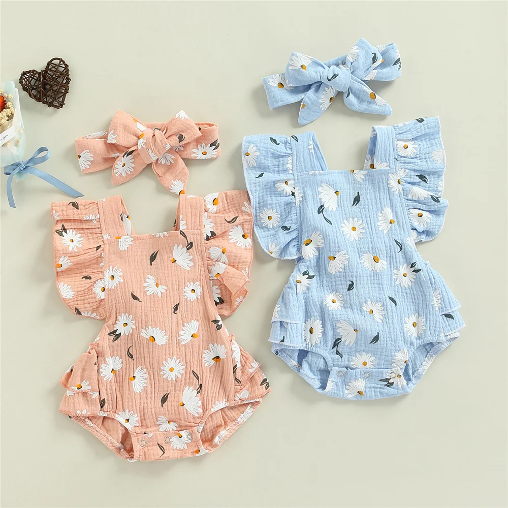 

Cute Baby Girls Daisy Floral Print Short Sleeves Romper Headdress Toddler Infant Cotton Linen Bodysuits Clothing