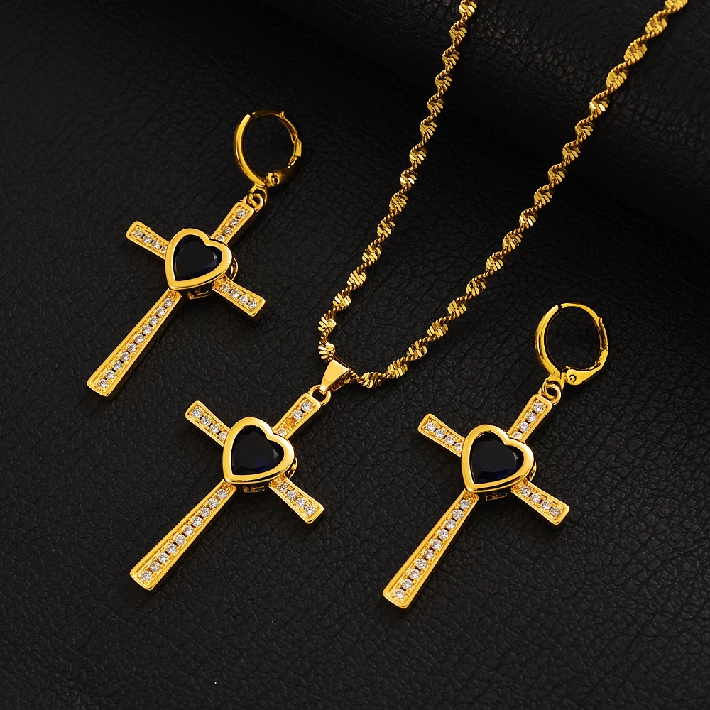 

Dubai Black CZ Cross Jewelry Set Ethiopia Charm Christian Gold Color For Women Simple Earring&Pendant Wedding Bridal Gift
