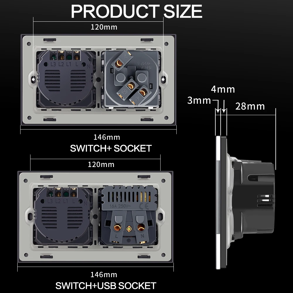 BONDA Сенсорный выключатель Touch Light Switch 220V с розетками EU Power Wall USB и светодиодными датчиками переключения 1/2/3Gang 1Way Crystal Panel Backlight on.