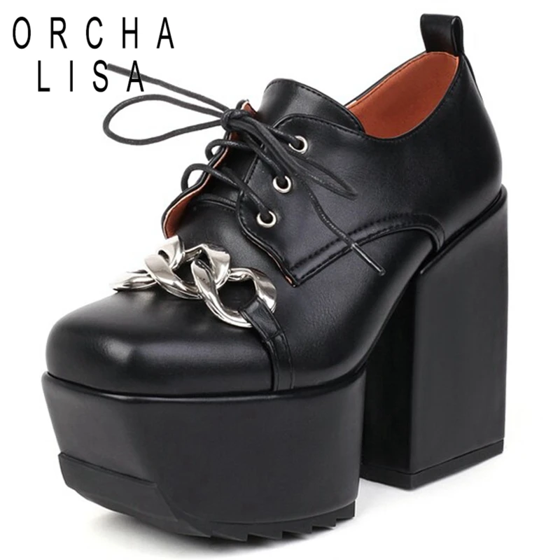 

ORCHA LISA 2022 Women's Pumps Platform Square Toe Thick Heels Lace-up Metal Decoration Fashion Big Size 32-46 Black Spring S3396