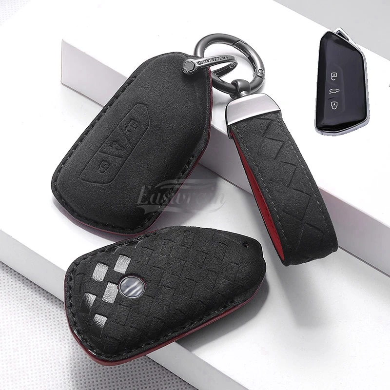 Car Suede Leather Key Case Cover Holder For VW Volkswagen Golf 8 Mk8 Skoda Octvia Smart Keyless Remote Control Key Protect Shell