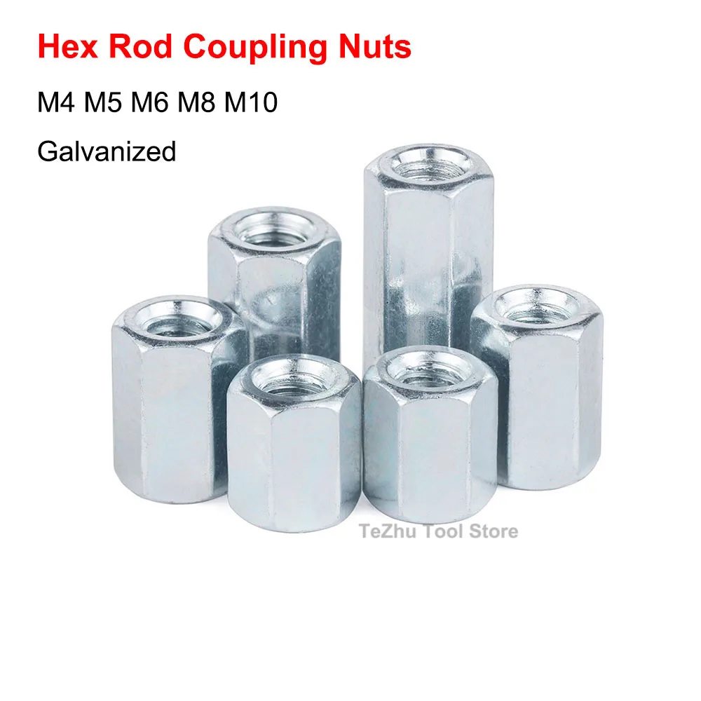 

M4 M5 M6 M8 M10 Galvanized Hex Rod Coupling Nuts Connection Thread Nut Galvanized Long Hex Nut Length 12mm-60mm
