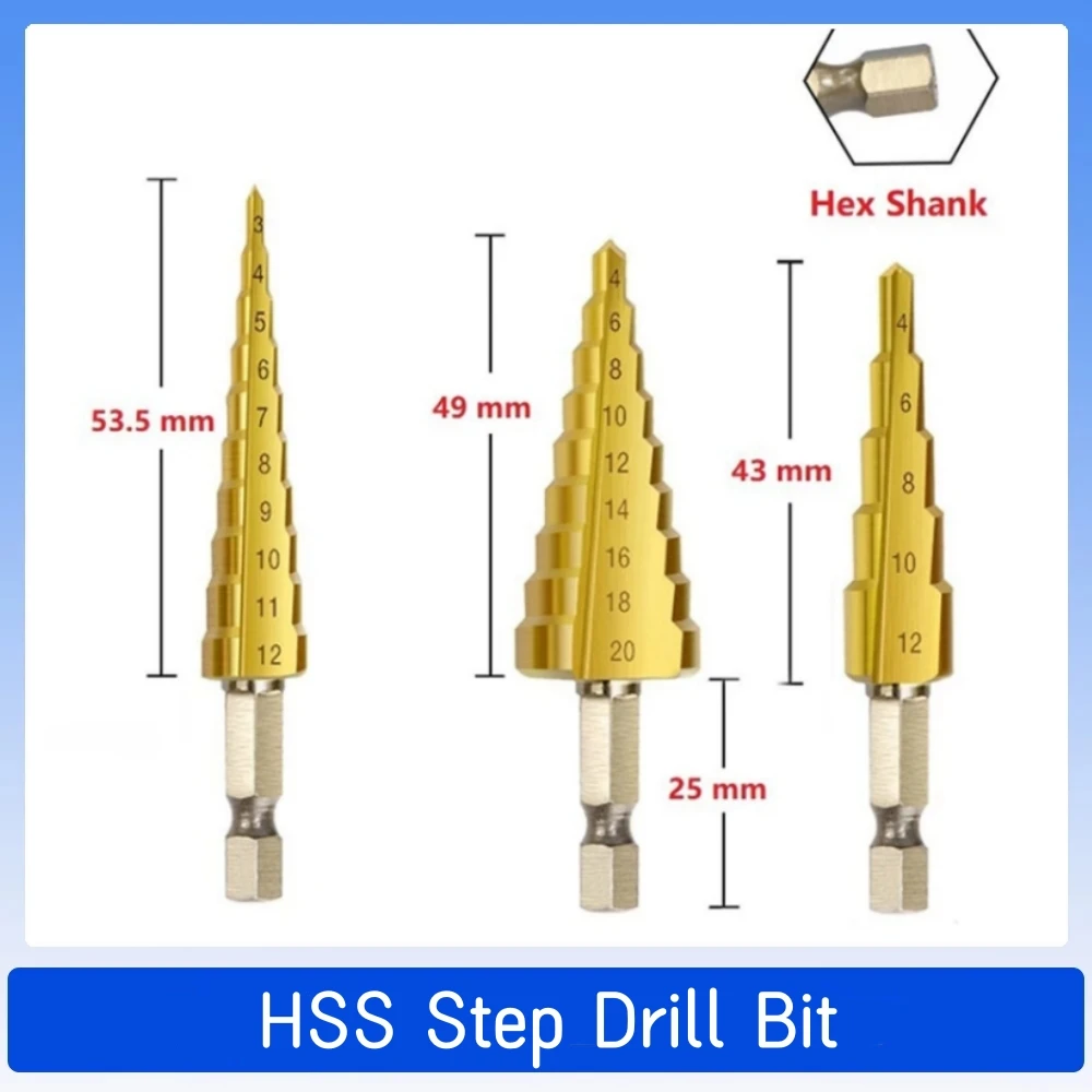 

3 шт., ступенчатые сверла из быстрорежущей стали с титановым покрытием