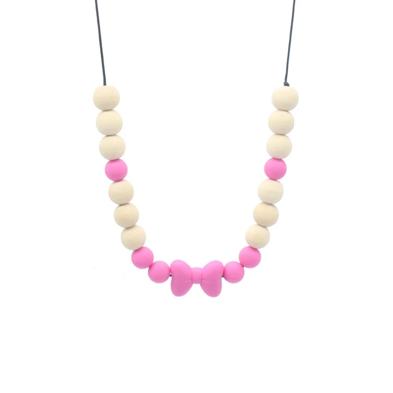 

4 Color Safety Silicone Baby Teether Wooden Beads Teething Chew Toys Infant Teethers Necklace Baby Accessories Gift BPA Free