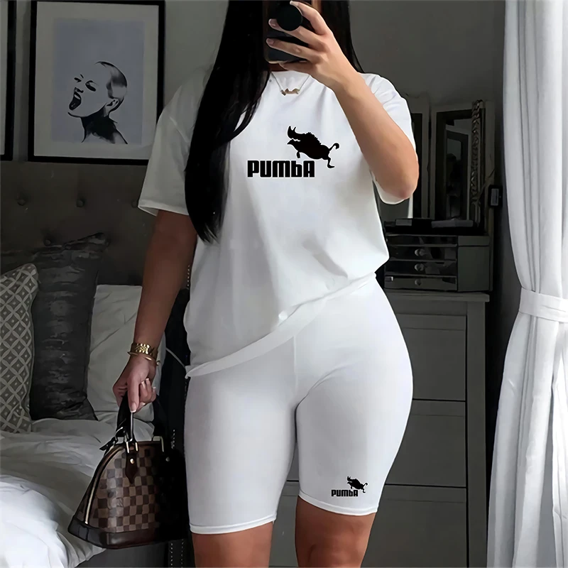 Summer Short Sleeve O-neck T-shirt Jogging Suit Women's Two-piece Top + Pencil Shorts Suit Sportswear Suit Graphic T-shirt