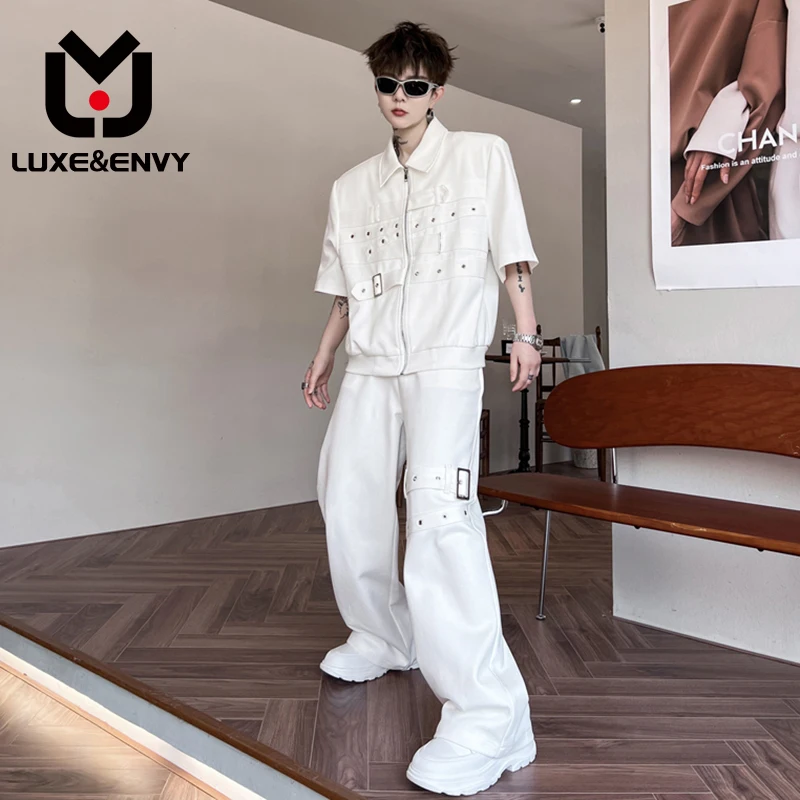 

Роскошный & ENVY мужской летний новый однотонный пиджак с короткими рукавами и металлическими пуговицами, повседневные Прямые брюки, Мужской дизайнерский комплект