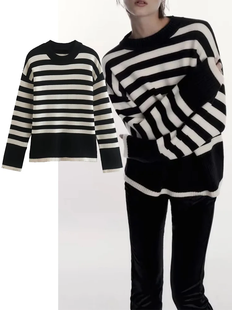 

Пуловер женский трикотажный в полоску с круглым вырезом и длинными рукавами