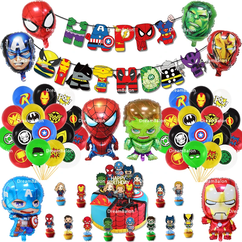 Ballon Spiderman Hulk Iron Man  bannière joyeux anniversaire  Super héros  décoration de fête