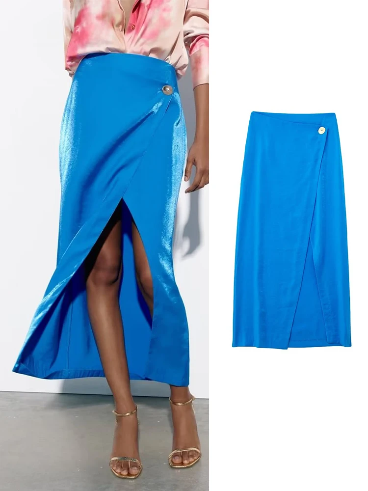 

Blue Long Skirts for Women Satin Sarong Skirt 2023 Woman High Waist Midi Summer Skirts Office Wear Elegant Women's Skirt