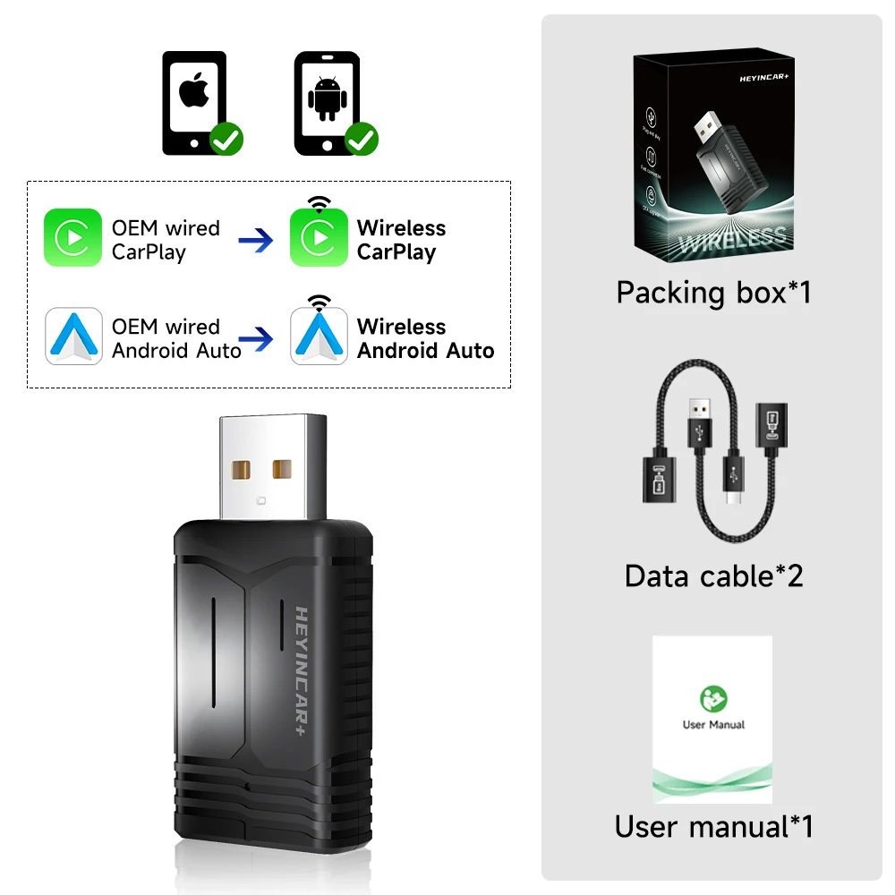 

Беспроводной Адаптер HEYINCAR 2-в-1 Для Apple CarPlay И Android Auto С Wi-Fi 2.4G/5.8G И Bluetooth