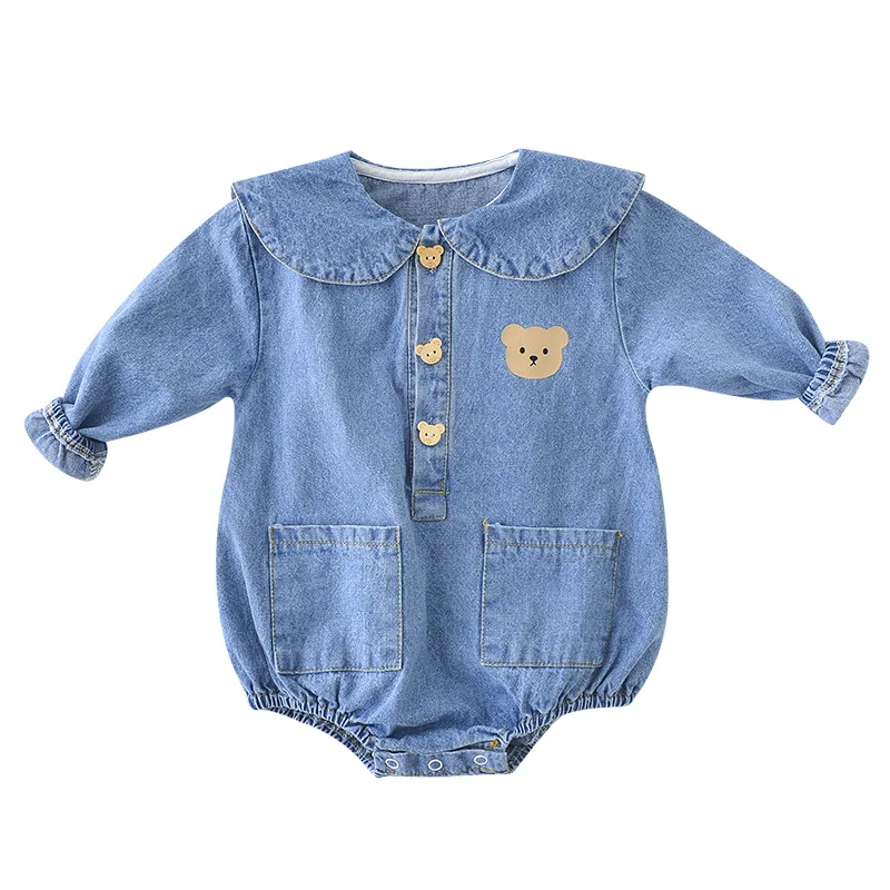 2022 Spring New Cute Bear Print Baby Girl Denim Bodysuit Large Lapel Long Sleeve Infant Boy Jumpsuit Toddler Denim Onesie