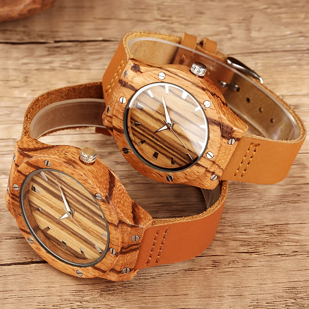 

Fashion Men Women Flat Nail Wood Watch Cowhide Strap Business Leisure Couple Watches Valentine's Day for Boyfriend Girlfriend