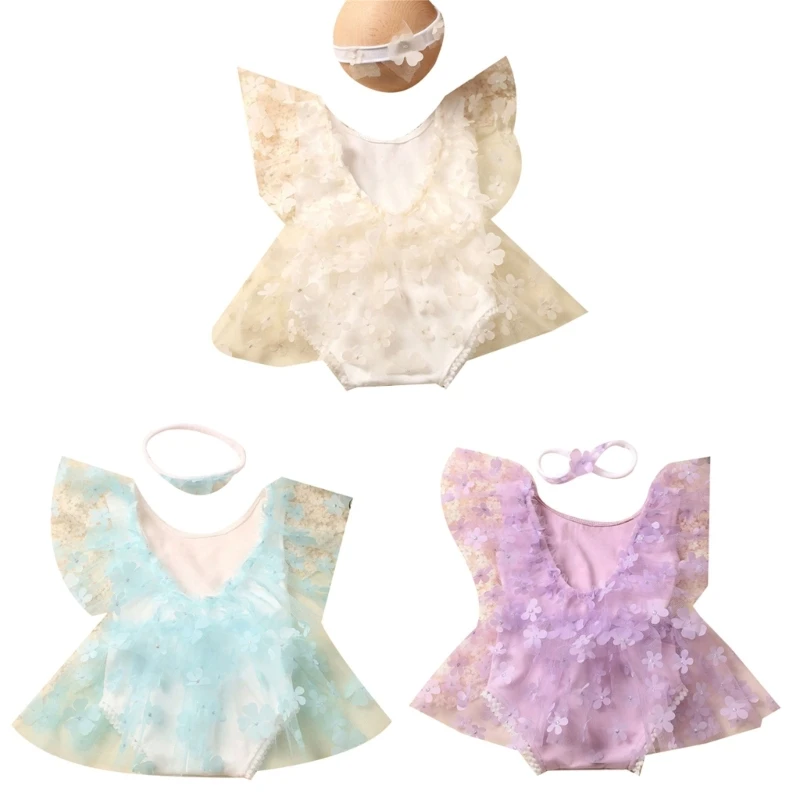 

Baby Girl Photography Props Lace Romper Headband Posing Props Newborn Photo Suit