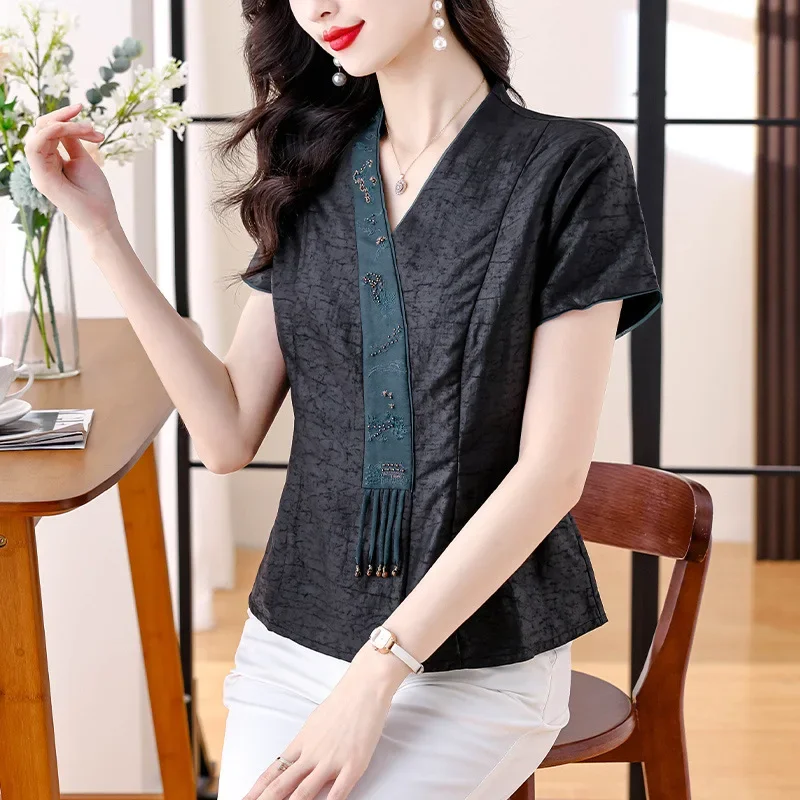 Лето 2024 новая рубашка для похудения в китайском стиле женский топ на пуговицах с
