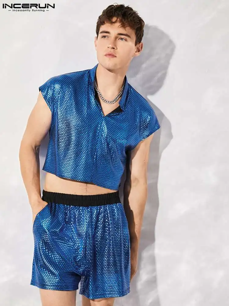 

Stylish Hot Sale New Men Flash Sets INCERUN Stand-up Collar Truncated Waistcoat Shorts Casual Hot Sale Suit 2 Pieces S-5XL 2022