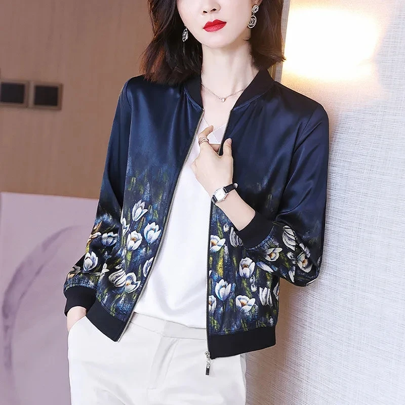 

Korean Fashion Short Coat Women Casual Loose Print Baseball Jacket Elegant Long Sleeve Zipper Female Spring New Trendy Clothing