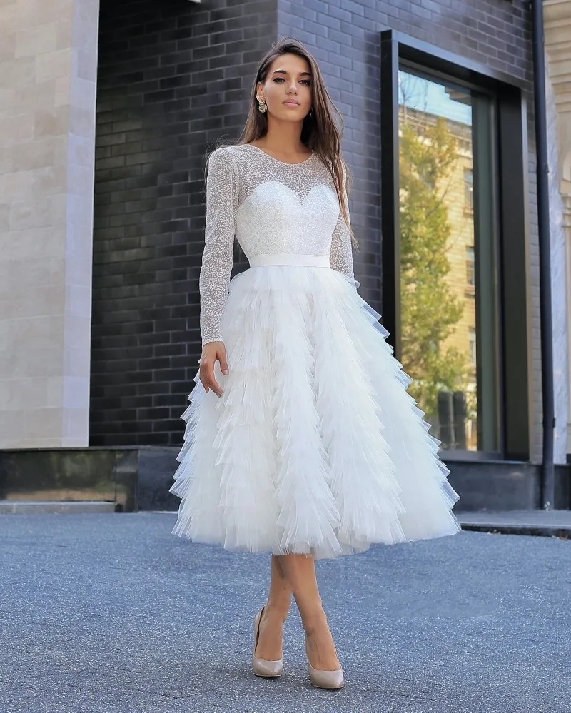 

Arabic Short Prom Dresses Long Sleeves O-neck Glitter Tulle Top Bodice Plus Size Saudi Ruffles Tea Length Vestidos De Graduación