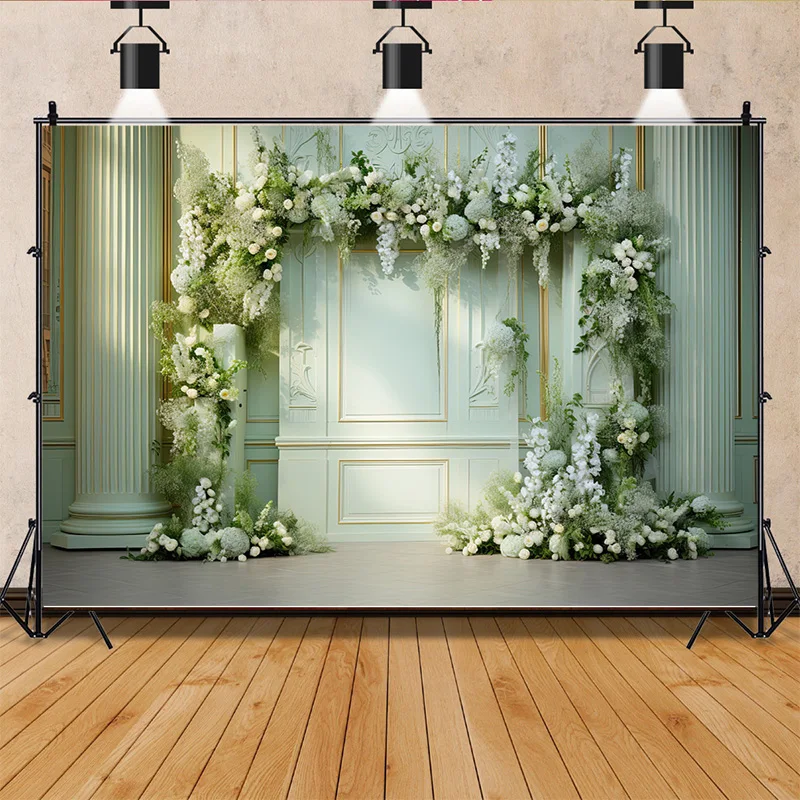 Aesthetic Flower Wreath Decoration Indoor White Background Fantasy Wedding Curtain Photography Backdrop Photo Studio Props SG-11
