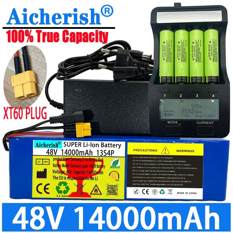

Aicherish E-Bike Li-ion Battery 13S4P 48V 14000MAh 100% True Capacity 350W-1000W 54.6V Electric Bike Scooter With BMS + Charger