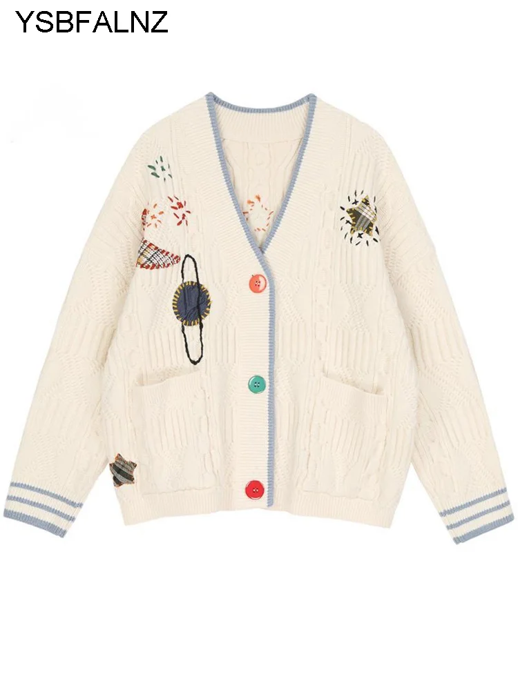 

Women's Knitted Cardigan Sweater Autumn Winter Korean Fashion Baggy Ladies Tops Jacquard Weave Casual Embroidery Sweater Coat