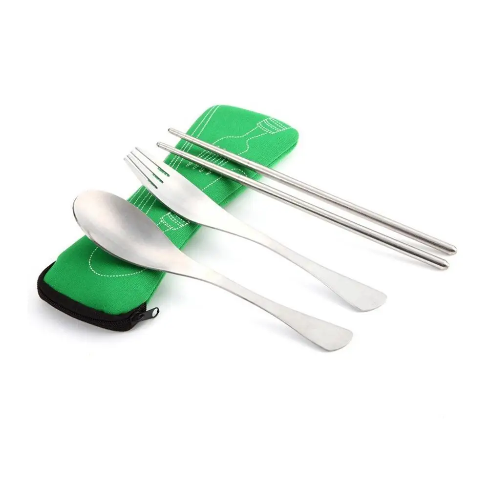 

3 Pieces Portable Tableware Set Creative Cute Stainless Steel Spoon Chopsticks Fork With Cloth Bag For Outdoor Camping