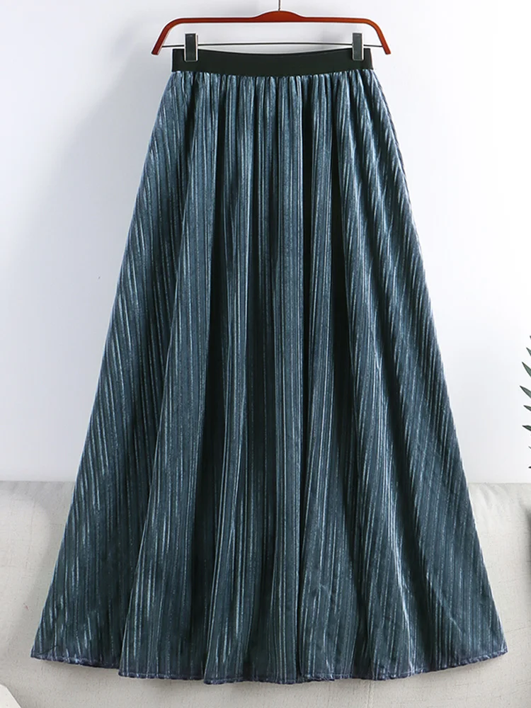 

Женская бархатная плиссированная юбка средней длины, длинная офисная повседневная юбка трапециевидной формы с поясом на резинке и высокой ...