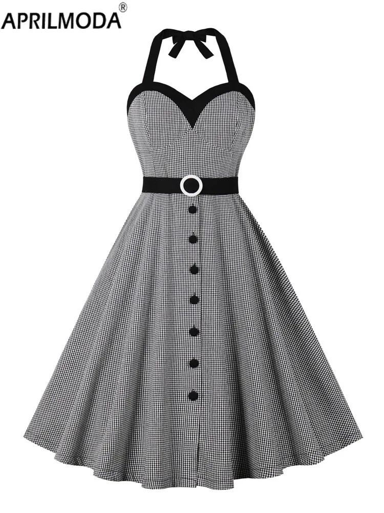 

Женское винтажное платье в мелкую клетку, черно-белое однобортное платье с высокой талией, лямкой на шее и открытой спиной в стиле 50-60-х годов, 2023