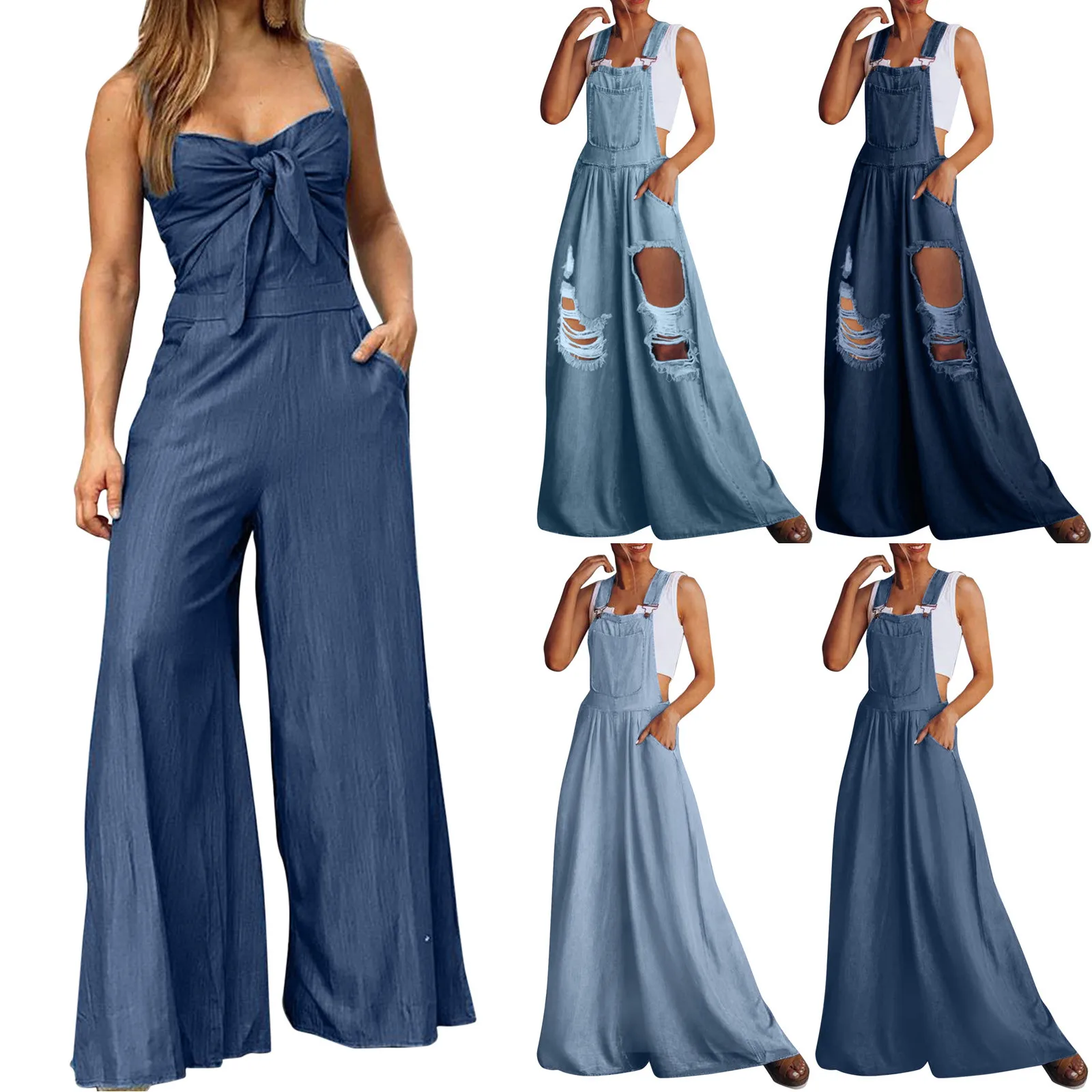 

Боди-костюмы Женская одежда блузка женская повседневная Летняя джинсовая нагрудник без рукавов с карманами с потертостями с открытыми пле...