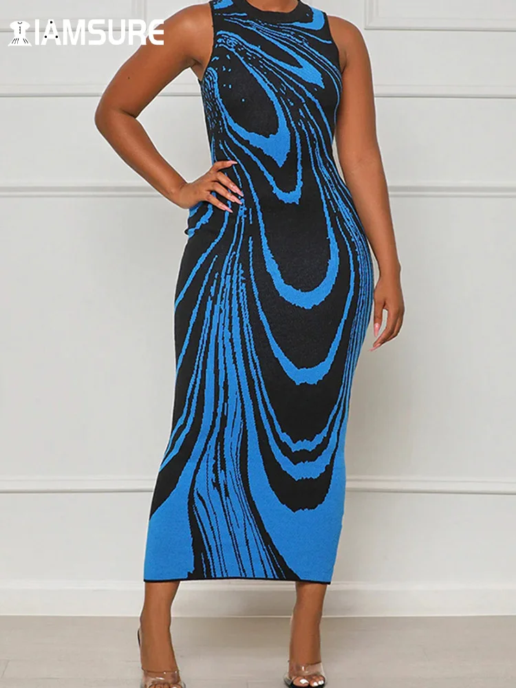

IAMSURE Clubwear Slim Ripple Printed Bodycon Dress Sexy O-Neck Sleeeve Mini Dresses For Women 2023 Autumn Spring Fashion Ladies