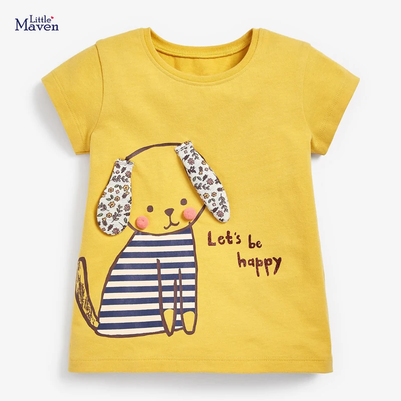 

Little Maven New Summer Kids Yellow O-neck Appliques Puppy Dog Short-sleeved Cotton Knitted Girls Casual Cute Tshirts Tops Tees