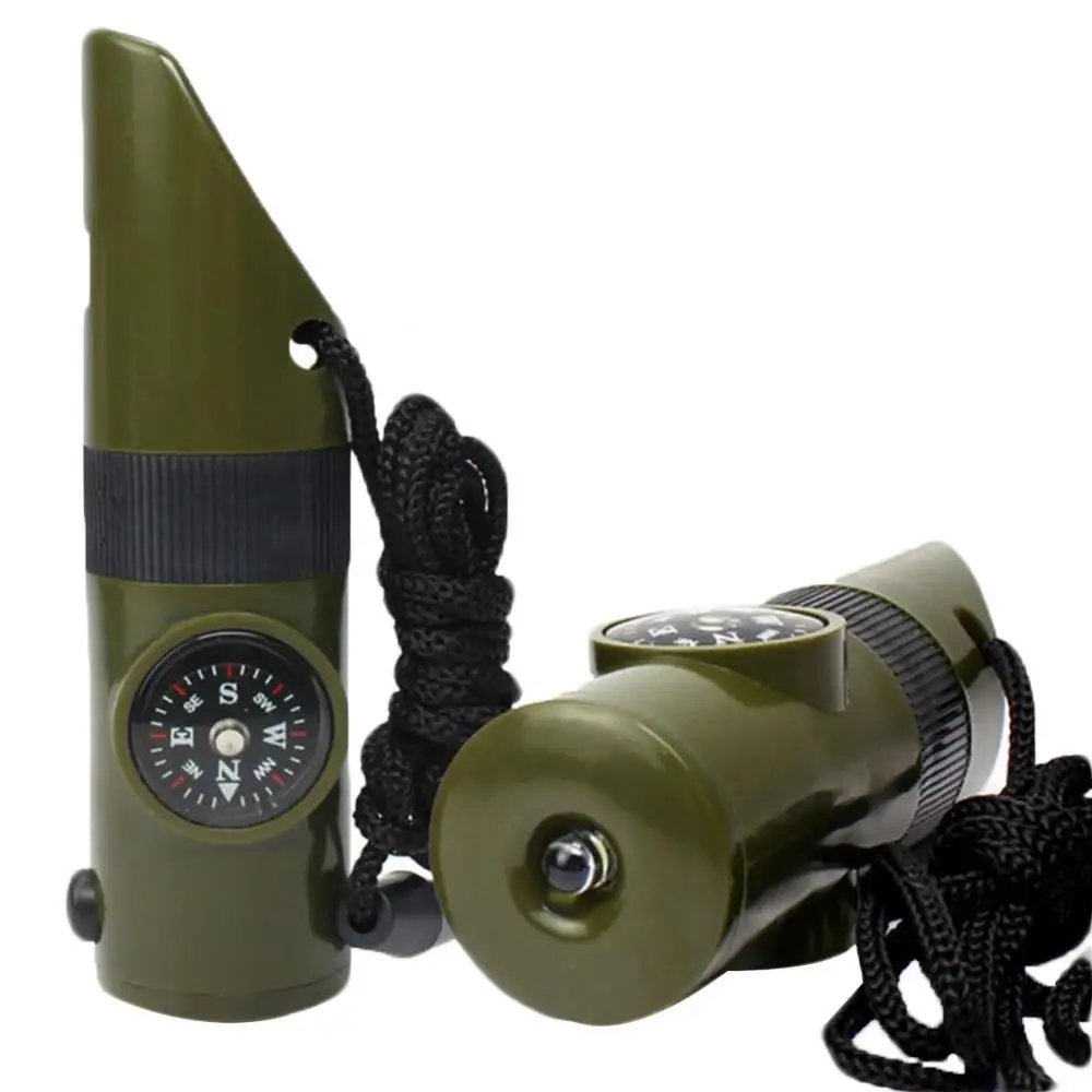

7 Function Outdoor SOS survival whistle, flashlight, thermometer with compass, LED magnifying glass, convenient keychain, tools