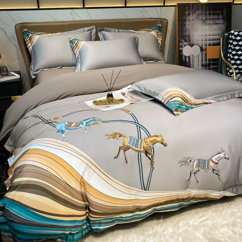 

Luxury Pentium Horse Embroidery Washed Silk And Cotton Bedding Quilt/Duvet Cover Set Flat Bed Fitted Sheet Pillowcases