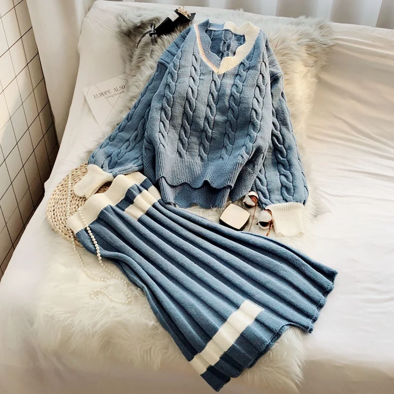 Preppy Style 2 Pieces Knitted Women Skirts Sets Winter New Striped Sweater Pullovers Pleated Thick Warm Female Clothing Suits
