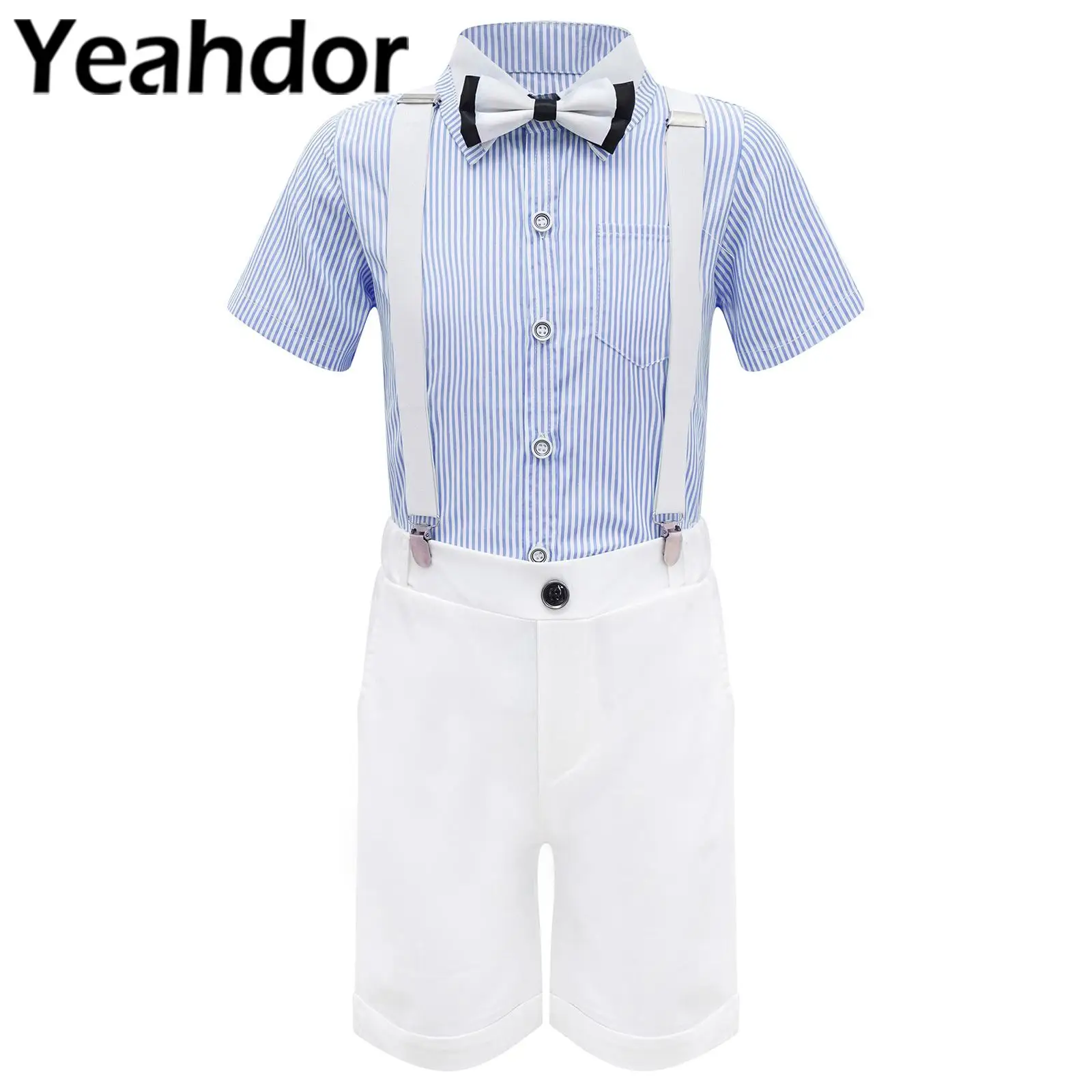 

Kids Boys Gentleman Suit Striped Shirt with Suspenders Shorts Formal Set Birthday Party Wedding Suits for Boy Christening Wear