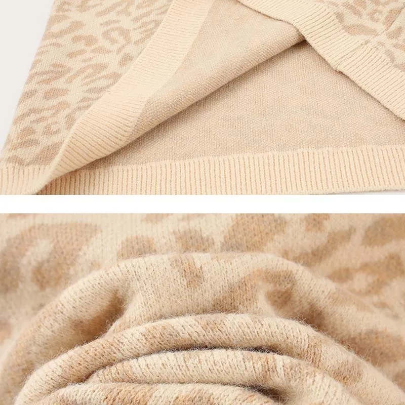 Теплый вязаный свитер с леопардовым принтом женский повседневный пуловер на