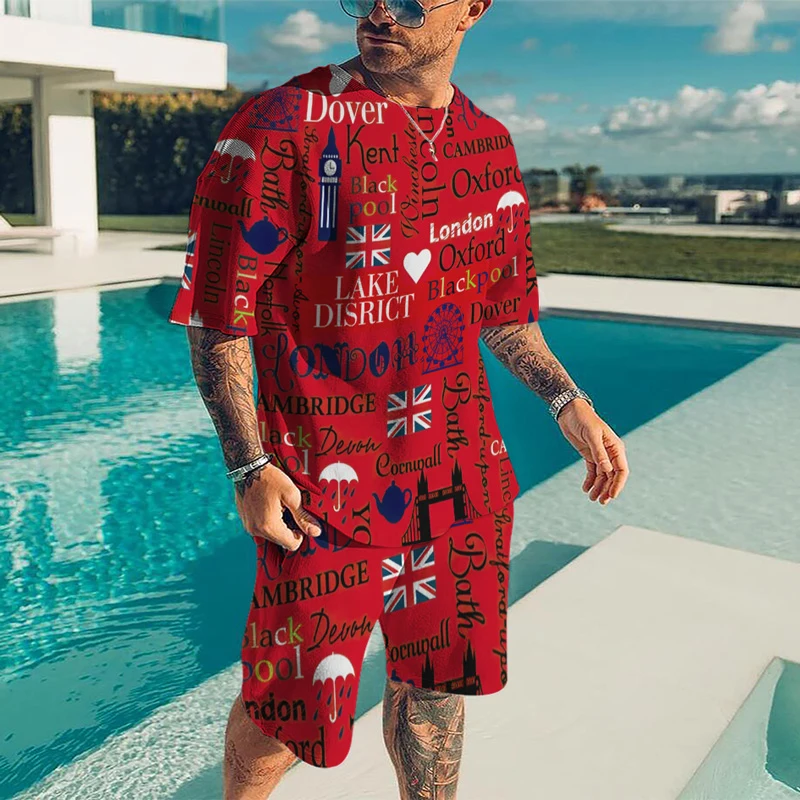 Summer Men's Casual Street Beach Shorts Set 3D Printing Color Crew Neck Street Hip Hop  Short Sleeve Two-piece Set