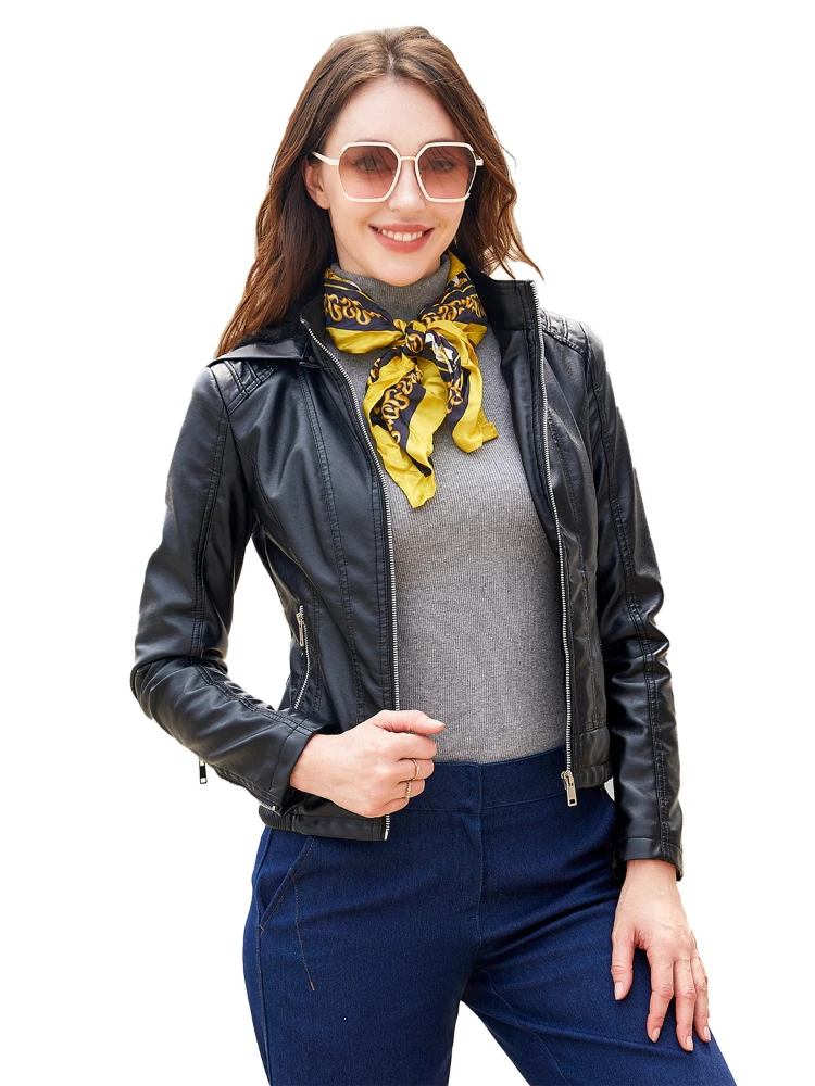 Aw2022 hooded leather women's detachable hat zipper long sleeve plush leather jacket European size slim fit coat