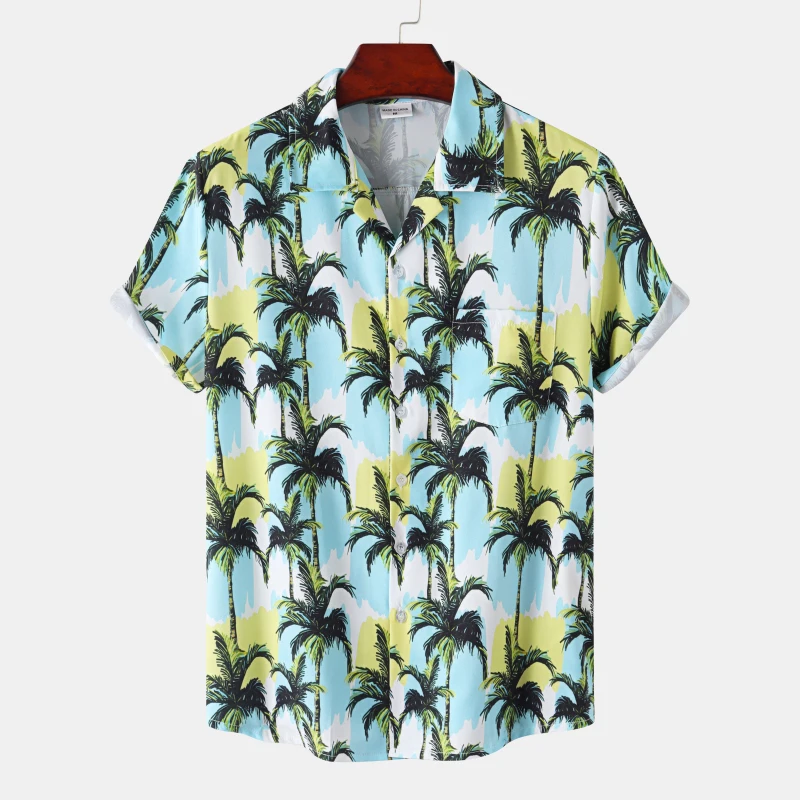 Hawaiian men's shirt Beach coconut tree print Short sleeve men's fashion lapel button up Top T-shirt 2023 Men's new shirt