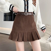 houzhou vintage corduroy pleated skirt with belt women autumn winter preppy style high waist a line mini skirts korean fashion