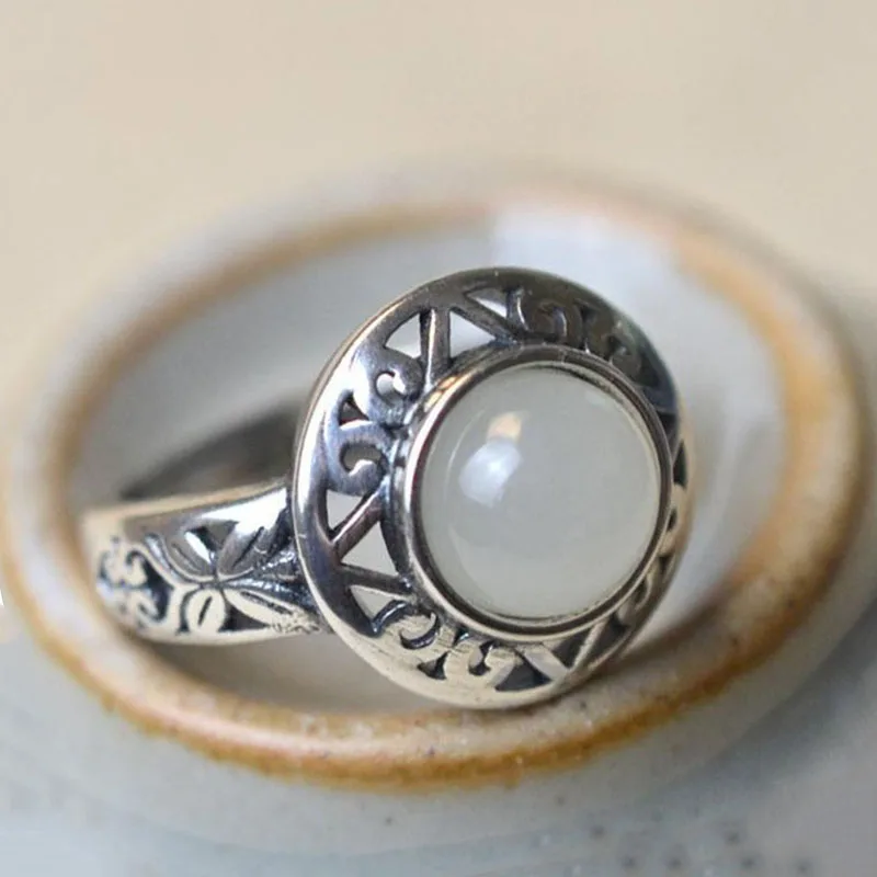 

Original Design Inlaid Chinese Retro Style Natural Hetian Jade Women's Open Adjustable Ring Festival Anniversary Gift