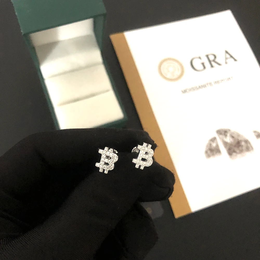 New Bitcoin Moissanite Earrings S925 Silver Real Diamond Ear Studs For Women Men Jewelry Pass Tester Come With GRA